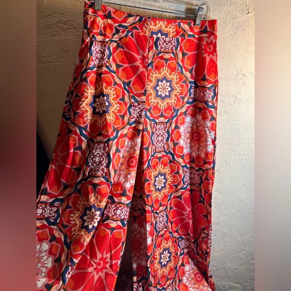 Orange Red Blue Floral Patterned Pants Trousers floral wide leg boho flowy zip L - Image 2