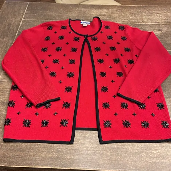 Pendleton Red Open Cardigan w Black‎ Snowflakes Wool Blend XL Tall - Image 6