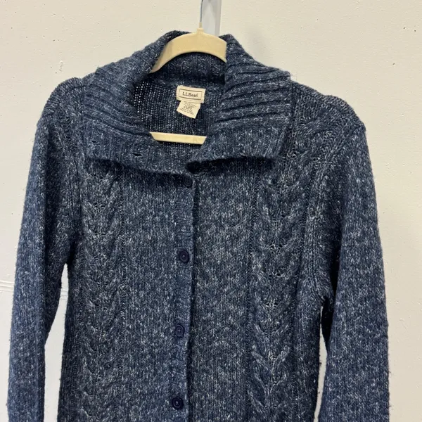 L.L. Bean Marled Cable Knit Button Front Cardigan Sweater Speckled Wool Blend M - Image 4
