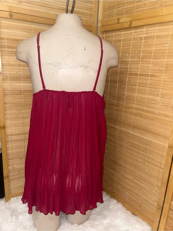 Victoria’s Secret Red Burgundy Pleated Babydoll Chemise sheer lace Lingerie top - Image 6