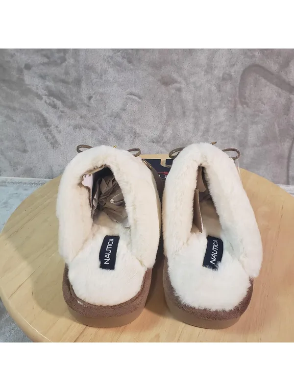 Nautica Women's Slip-On Slippers Brown Faux Fur Lined Bow Accent Size 5/6 - Image 5