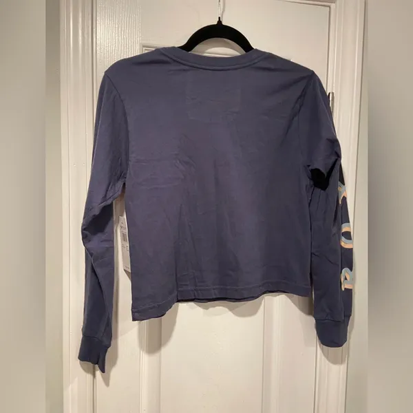 NWT Roxy Size XS Blue Crew Neck Long Sleeve Logo Cropped Tee Shirt Surf Beach 90 - Image 6