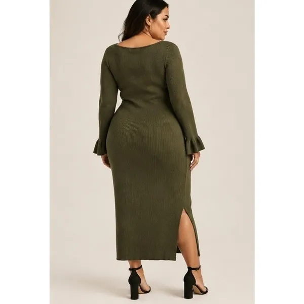 Scoop Womens Sweater Dress Sz XL Grape Leaf Ribbed Midi Bell Sleeve Square Neck - Image 10