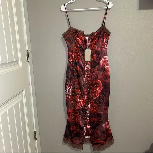 NEW Meshki Floral Lace Up Satin Midi Dress Women’s Size Large - Image 4