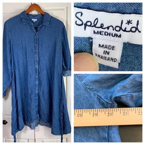 Splendid Denim Chambray Tunic Shirt Dress Tie Waist Long Sleeve‎ Blue Medium - Image 10