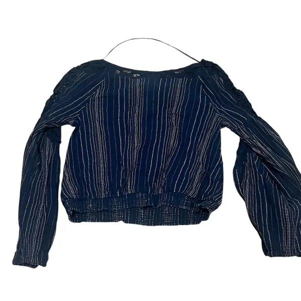 Free People Women's Navy Striped Blouse V-Neck Balloon Sleeve S - Image 8