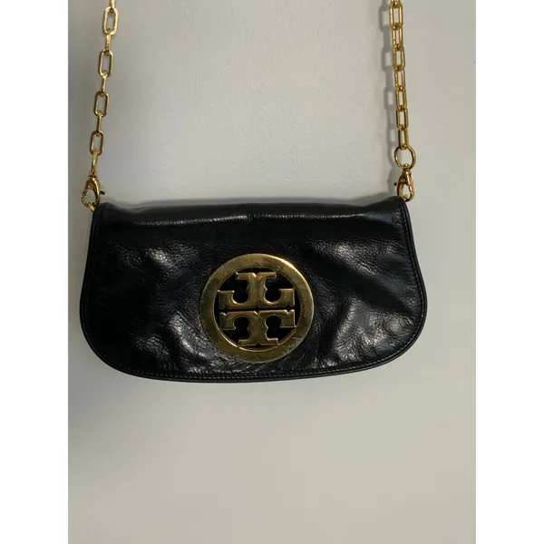 Tory Burch Reva Black Leather Detachable Gold Chain‎ Crossbody Clutch - Image 2