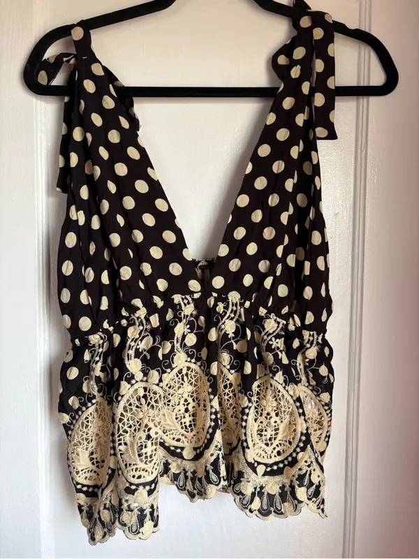 Free People Lunch Date Polka Dot Halter Top Crochet Lace Boho Black Medium NWT - Image 3
