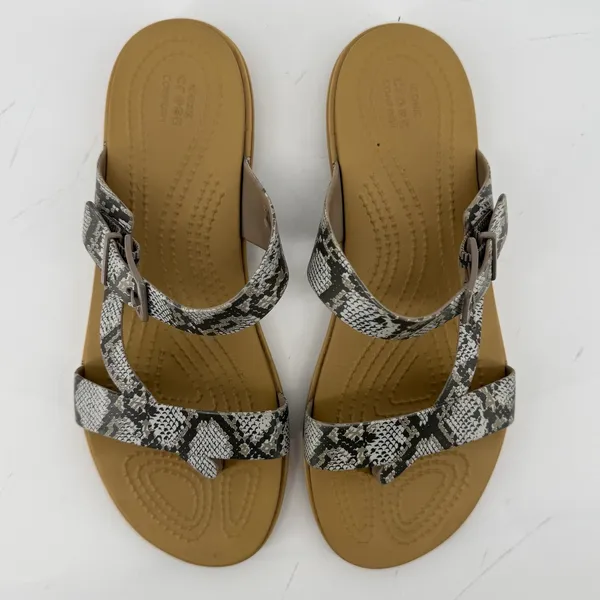 Crocs Tulum Toe Post Toe Sandal Snakeskin Gray Tan Women 8 Strappy Slip On Flip - Image 4