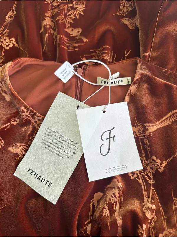 Fehaute Velvet Crew Neck Mermaid Midi Dress 12 Brown/Rust NWT IN PACKAGE - Image 8