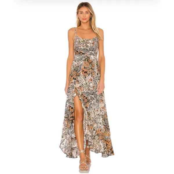 Free People Forever Yours Smocked Slip Maxi Dress Small Brown Black Floral Boho - Image 3