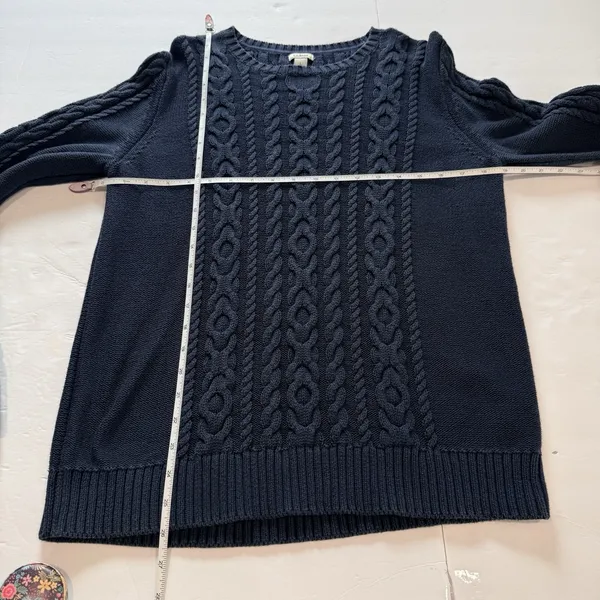 LL Bean Navy Blue Double L Mixed Cable Cotton Crew Neck Pullover Sweater LARGE - Image 7