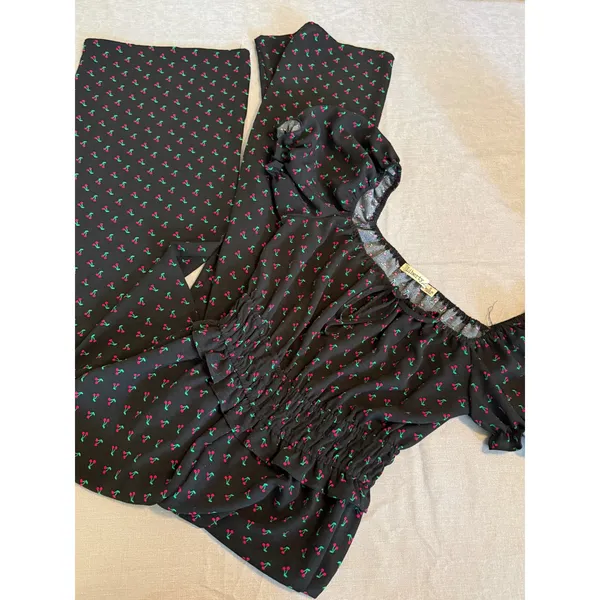 Liberty Love Womens Black‎ Cherry Print Smocked Waist Wide Leg Jumpsuit Small - Image 4