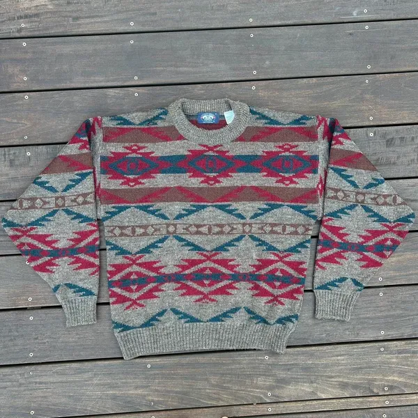 Tan/Red Vintage Pendleton Style Wool Sweater Knitwear Grandpa Sweater Made in England - Image 2