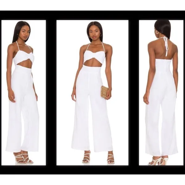 SNDYS Revolve White Jumpsuit Open Front Wide Leg Small 100% Cotton #1000 - Image 2