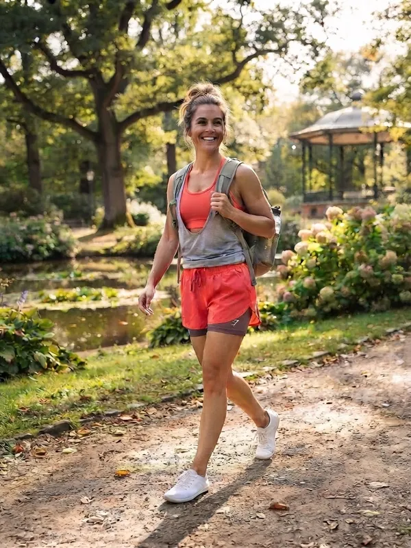 Gymshark 2-in-1 Running Shorts - Coral Pink / Brown - Built-in Liner, High Waisted Drawstring Athletic Shorts - Image 2
