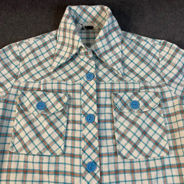 Jeanette Maternities Blouse Women S/M Blue Orange Plaid Top Maternity Boho EUC‎ - Image 4