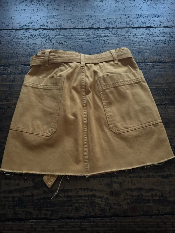 PacSun Mustard Yellow Denim Mini Skirt Belted Raw Hem‎ Pockets Size 23 - Image 8