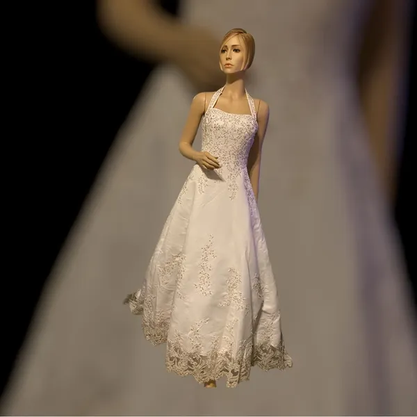 NWT Davids Bridal Michaelangelo‎ White Halter A-Line Gown Beaded Lace Dress - Image 5
