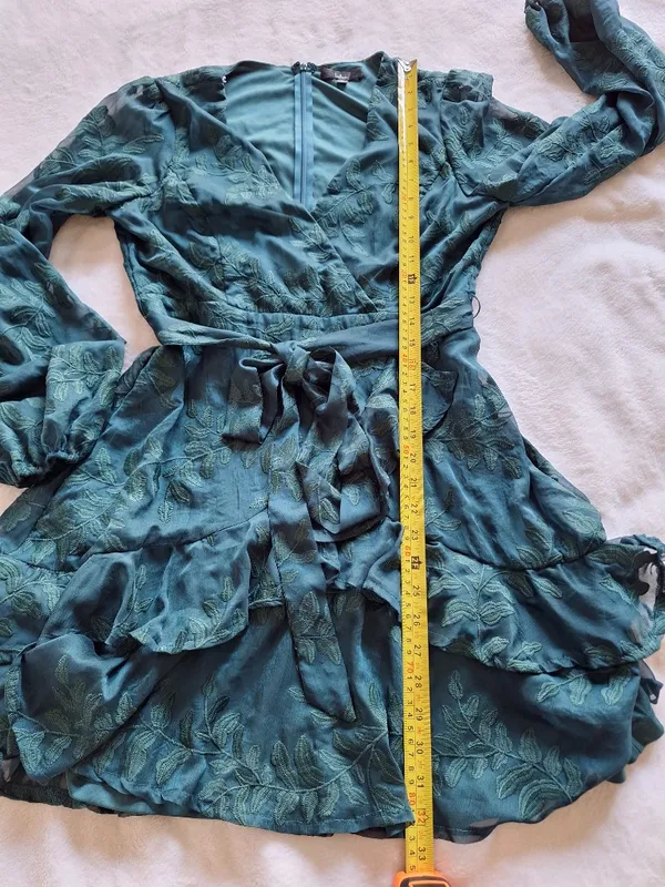 Lulus Green Leaf Embroidered Long Sleeve Tiered Mini Dress M - Image 11