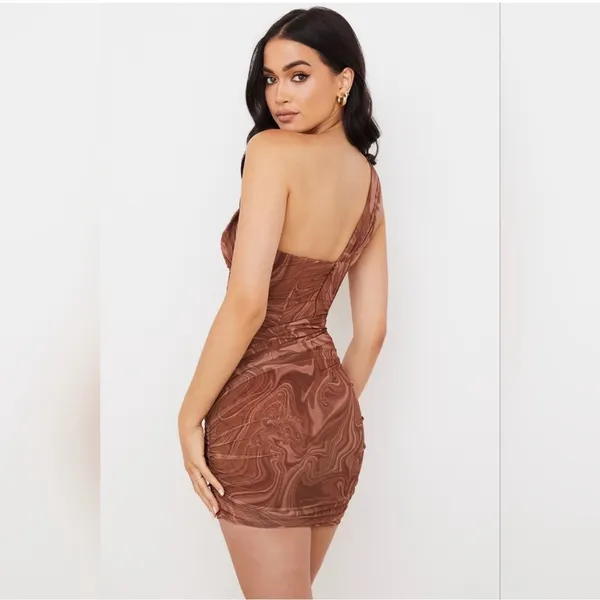 House of CB Women Clementine Mini Dress M Brown Swirl Cutout One-Shoulder Ruched - Image 3