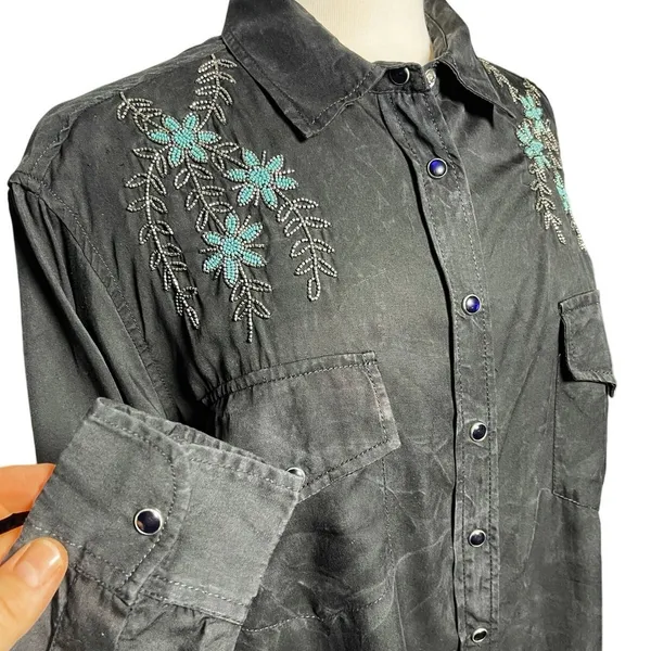 THE KOOPLES Women’s Black Acid Wash Beaded Snap Front Western Shirt - Image 2