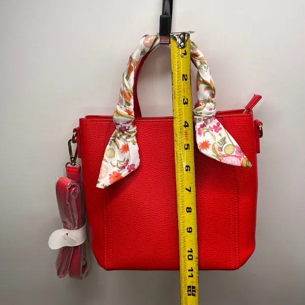 Red Pebbled Leather Tote Bag with Floral Scarf‎ Top Handle Detachable Strap - Image 8