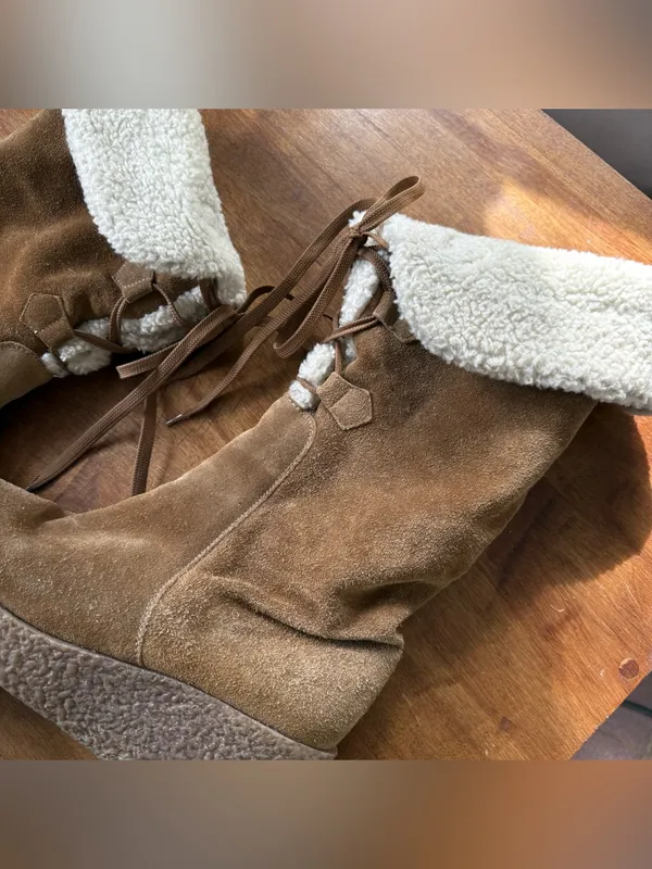 Michael Kors Italian Fleece Lined Suede Lace Up Tan Wedge Knee High Boots - Image 3
