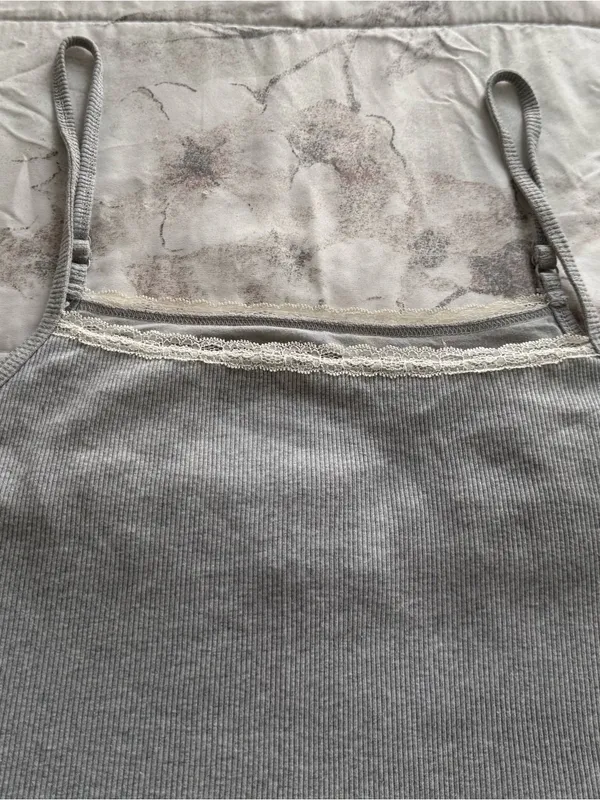 Aerie Lace-Trim Gray ribbed Camisole Slip tank dress, size XL cotton casual - Image 6
