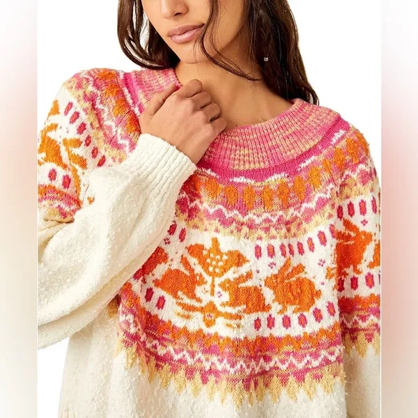 Free People fair isle Nellie Sweater Whisper White Combo bunny easter textured - Image 3