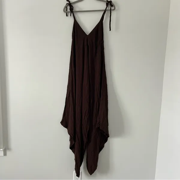 Bagus Brown Lagenlook Style Wide Leg V Neck Boho Casual Jumpsuit Tie Straps OS - Image 2