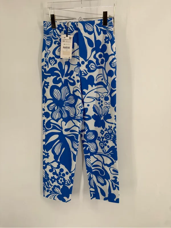 Zara Linen Blend Blue Floral Women's Pants Size 2 NWT - Image 2
