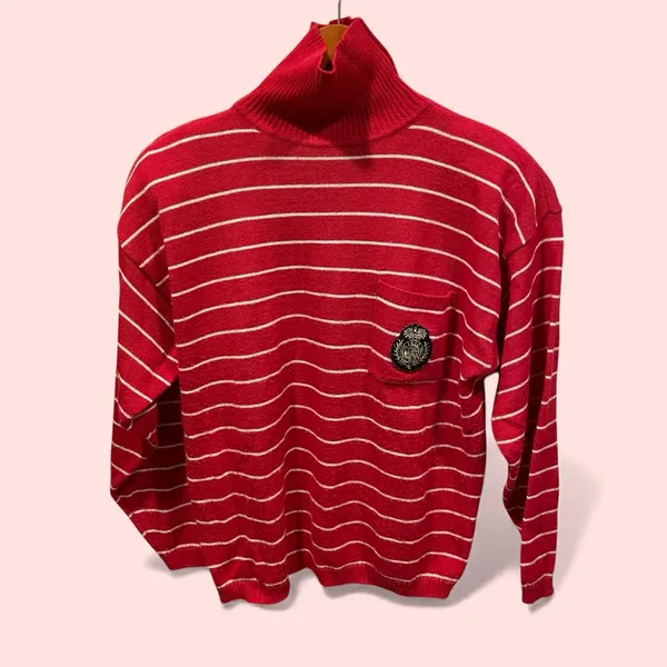 Cute vintage 80’s Chaus striped red white turtleneck sweater wool blend crested - Image 3