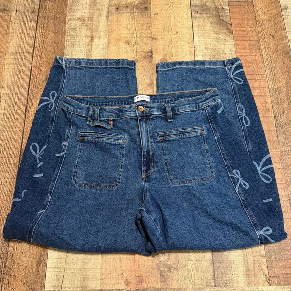 Frayed Dark Wash Bow Print Side High Rise Barrel Leg Jeans Sz 32 Boho Festival - Image 3