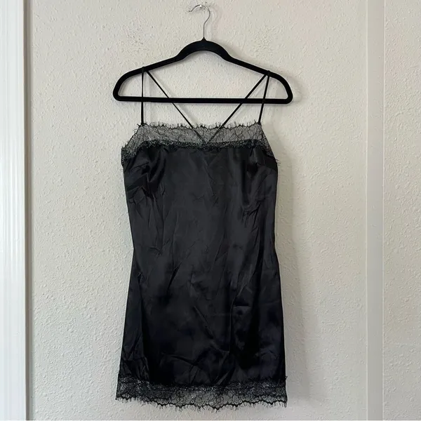 Meshki Satin Lace Trim Black Slip Mini Dress NEW Size Large - Image 3