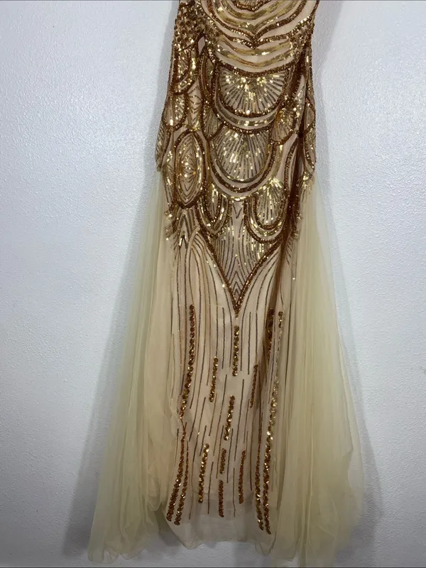 Strapless Gold Sequin Evening Column Dress Size L - Image 5
