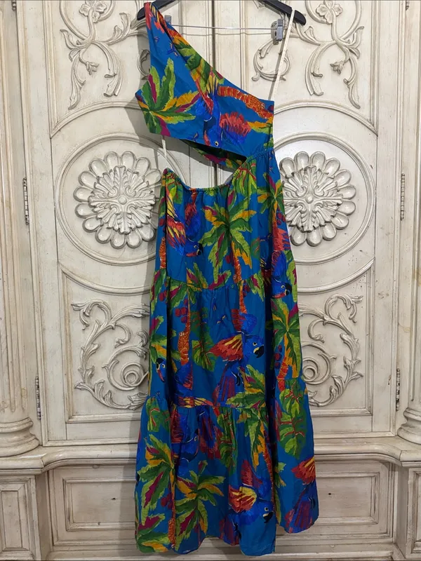 FARM RIO Blue Sunny Day One Shoulder Tropical Print Maxi Dress Sz:Medium - Image 11