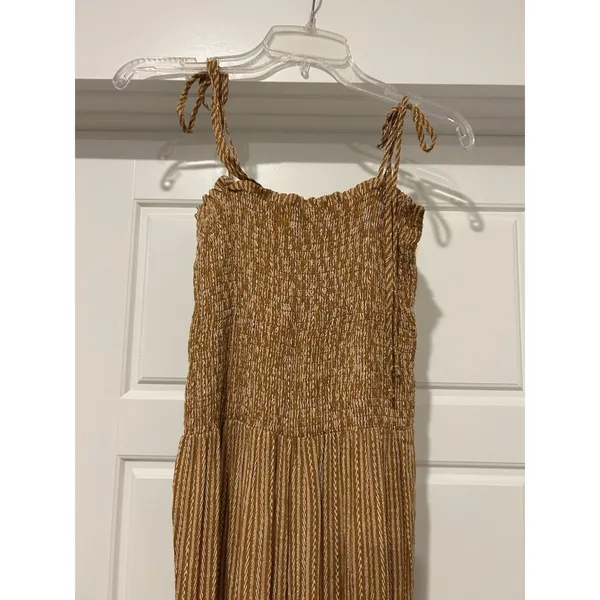 Vestique Women's Mustard Brown Striped Smocked Jumpsuit Size Small Game Day Boho - Image 5