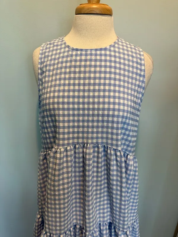 En Saison Blue/White Gingham Check Seersucker Tiered Maxi Dress size Large - Image 3