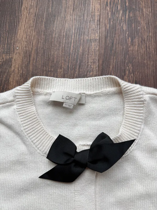 LOFT Women’s Ivory Cardigan Black Satin Bow Ribbon Coquette Crewneck Sweater- XS - Image 5