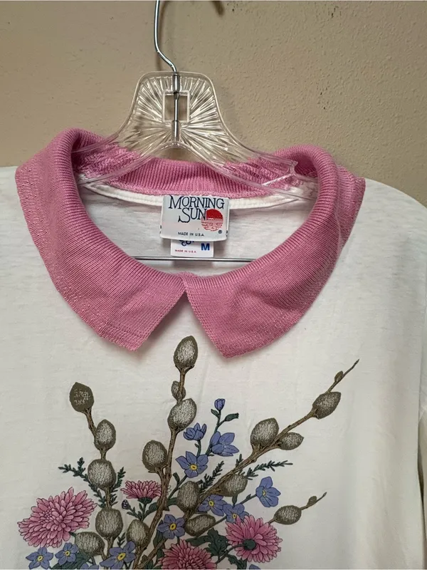 Vintage Grandmacore Floral Peter Pan Collar Tee M USA - Image 10