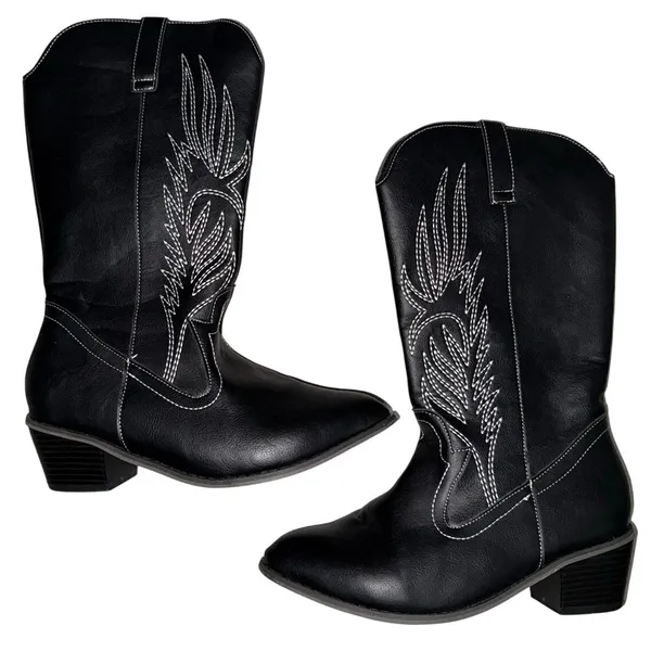 Women's 6.5 Western Cowboy cowgirl Boots Medium Heel black embroidered details - Image 4