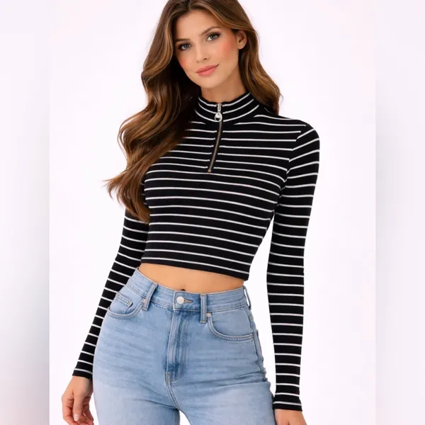 The Oct Tee Collection Size S Striped Mock Neck Zip Front Long Sleeve Top(A343)✨ - Image 3