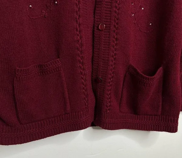 VTG Cardigan Sweater Maroon floral tonal embroidery Pearl bead details Grannycor - Image 4