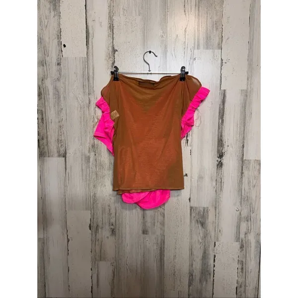 AKIRA Pink & Brown Sheer Mesh Wrap Top 3X Off Shoulder V-Neck Stretch NWT - Image 5