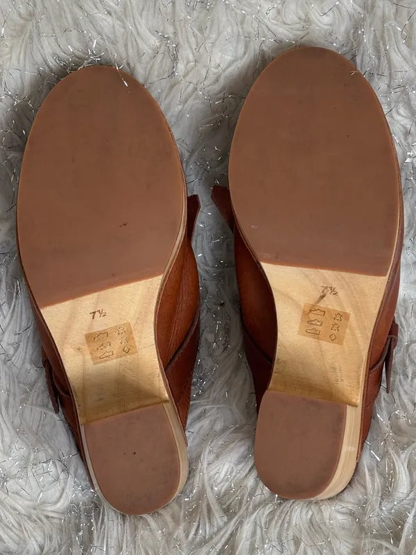Madewell Brown Women’s Leather Fringe Mule Clogs Wooden Block Heels Size 7.5 - Image 9