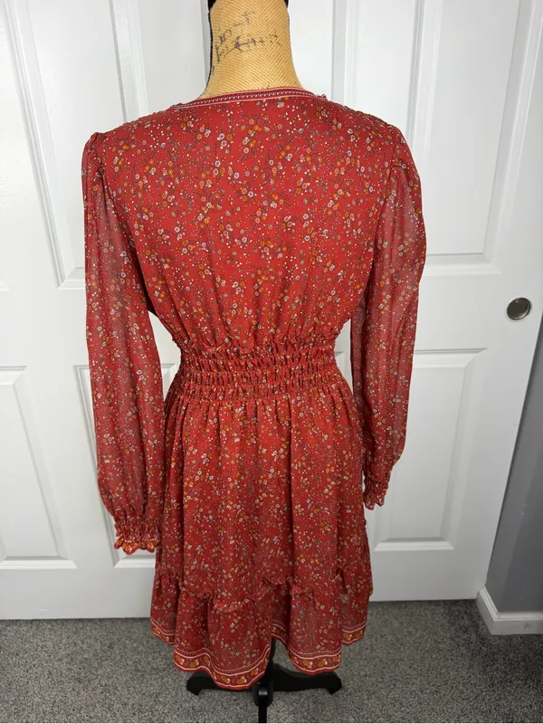 Max Studio Floral Smocked Waist Mini Dress Size S Rust Red Boho Fall - Image 9
