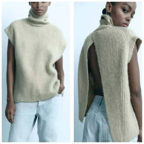 Zara Open Back Cozy Knit Vest Size Small Cream High Neck Chic Quiet Luxury - Image 2