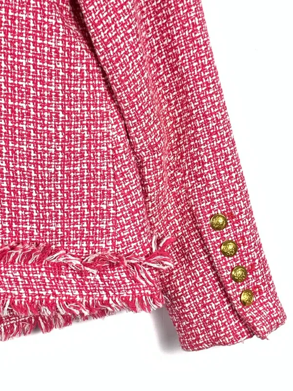 Saks Fifth Avenue Tweed Jacket XS Pink Frayed Trim Open Front Blazer - Image 13