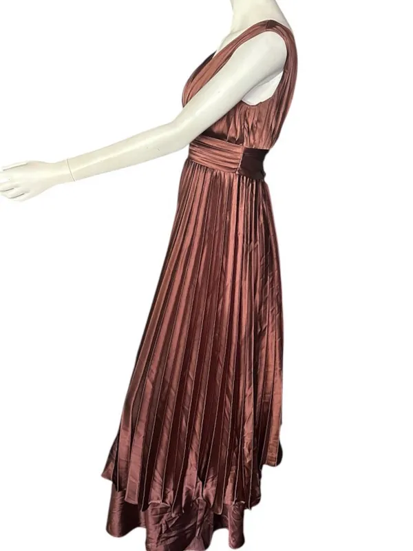 Elegant V-Neck Pleated Sleeveless Handkerchief Hem Chocolate Brown 2 NWOT - Image 3